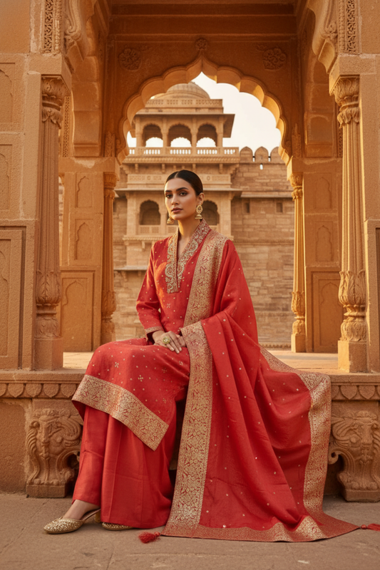 Nature’s Own Couture Rust Tissue Readymade Suit Set And Plazzo With Tissue Dupatta