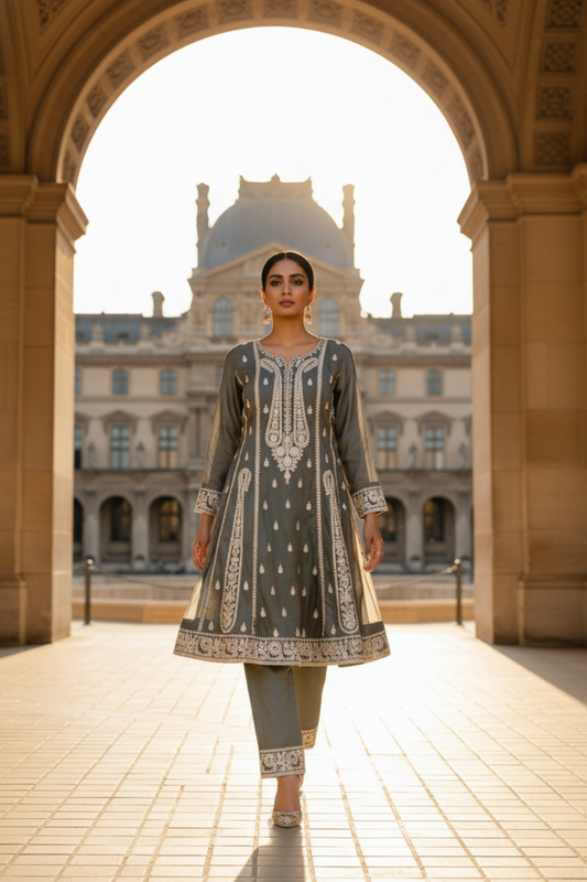 Effortlessly Elegant Olive Chinon Readymade Sharara Set With Chinon Dupatta