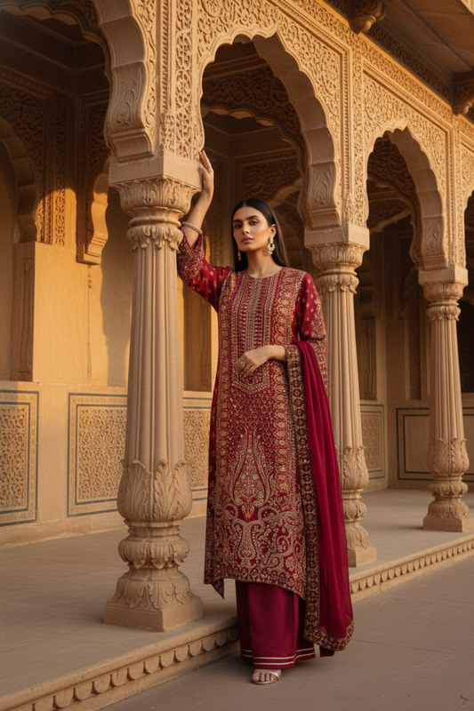 Heritage Heirloom Maroon Crepe Readymade Suit And Pant With Chiffon Dupatta
