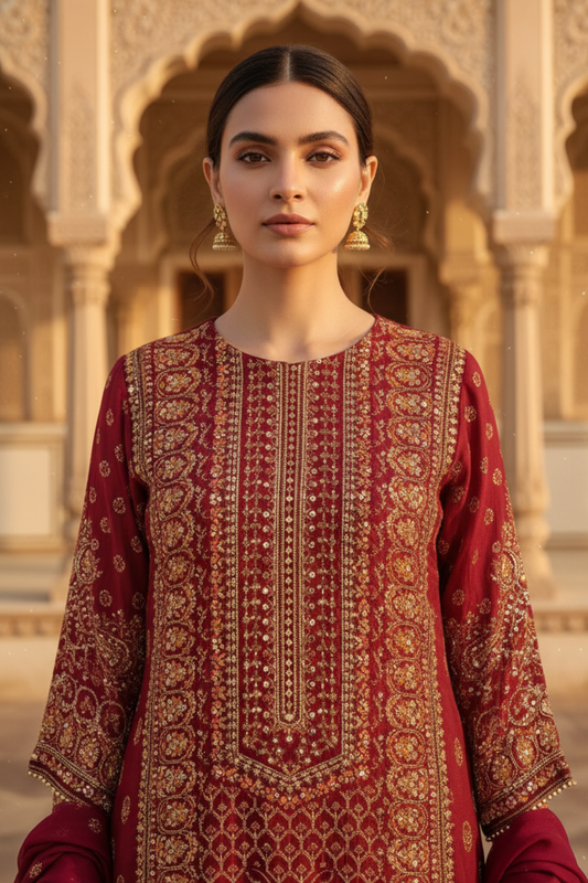 Heritage Heirloom Maroon Crepe Readymade Suit And Pant With Chiffon Dupatta
