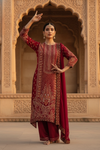Heritage Heirloom Maroon Crepe Readymade Suit And Pant With Chiffon Dupatta