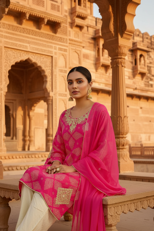 Timeless Elegance Rani Crepe Readymade Suit And Pant With Chiffon Dupatta