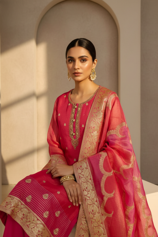 Timeless Elegance Rani Tissue Readymade Suit Set And Pant With Tissue Dupatta