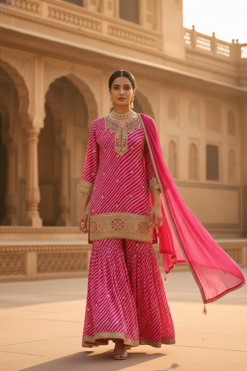 Timeless Elegance Rani Chinon Readymade Sharara Set With Chinon Dupatta