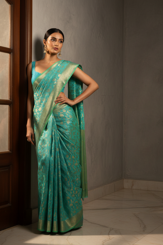 Royal Heritage Tea Green Banarasi Silk Saree With Unstitched Blouse