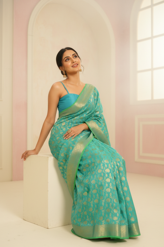 Royal Heritage Tea Green Banarasi Silk Saree With Unstitched Blouse