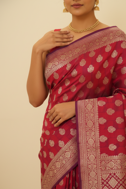Heritage Heirloom Maroon Banarasi Silk Saree With Unstitched Blouse