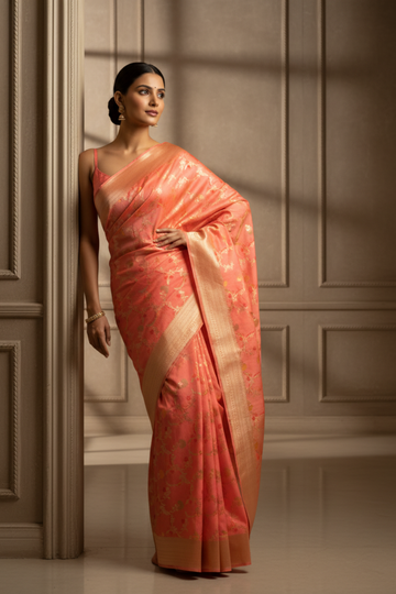 Graceful Flow Peach Banarasi Silk Saree With Unstitched Blouse
