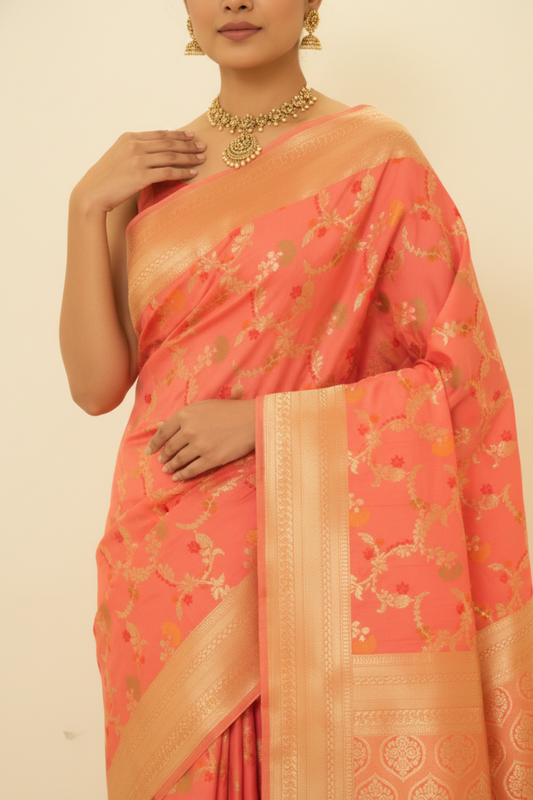 Graceful Flow Peach Banarasi Silk Saree With Unstitched Blouse
