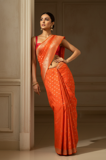 Nature’s Own Couture Rust Banarasi Silk Saree With Unstitched Blouse