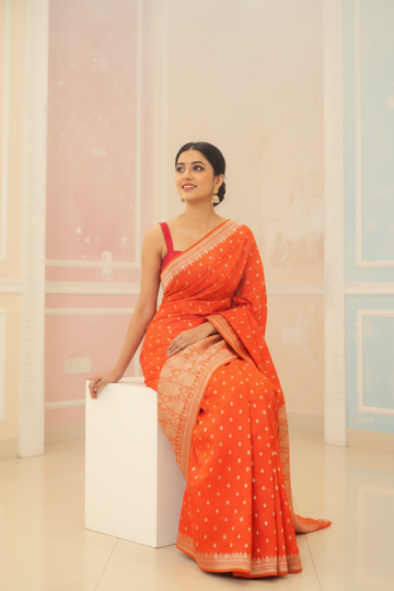 Nature’s Own Couture Rust Banarasi Silk Saree With Unstitched Blouse