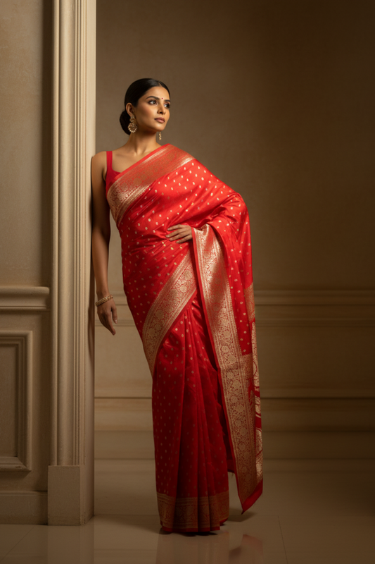 Grace Redefined Red Banarasi Silk Saree With Unstitched Blouse