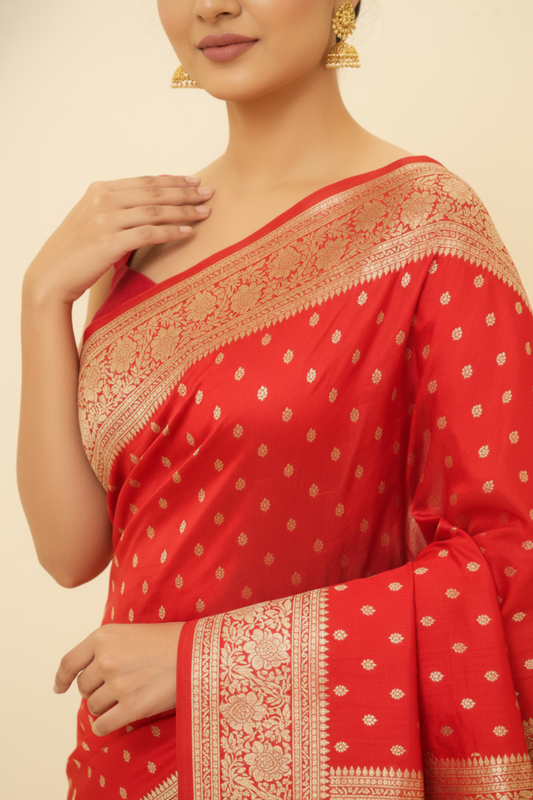 Grace Redefined Red Banarasi Silk Saree With Unstitched Blouse
