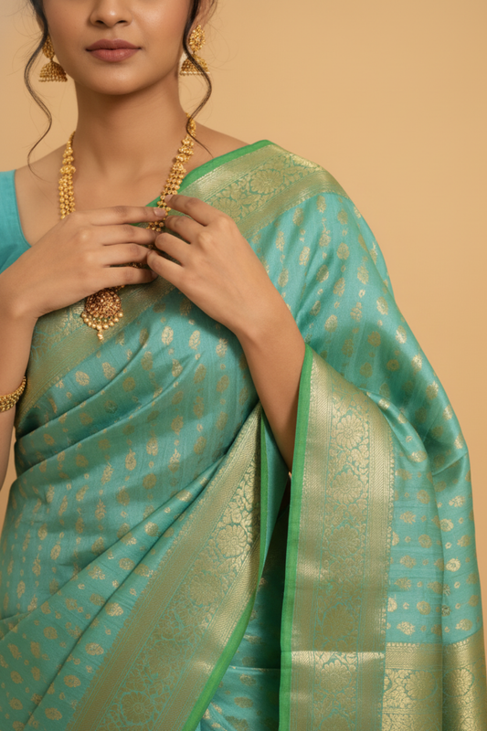 Royal Heritage Tea Green Banarasi Silk Saree With Unstitched Blouse