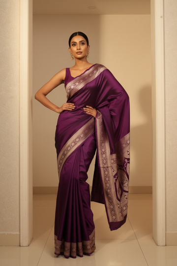 Step Into The Spotlight With Magenta Banarasi Silk Saree With Unstitched Blouse