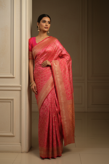 Glow Different In Gajari Banarasi Silk Saree With Unstitched Blouse