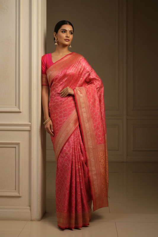 Glow Different In Gajari Banarasi Silk Saree With Unstitched Blouse