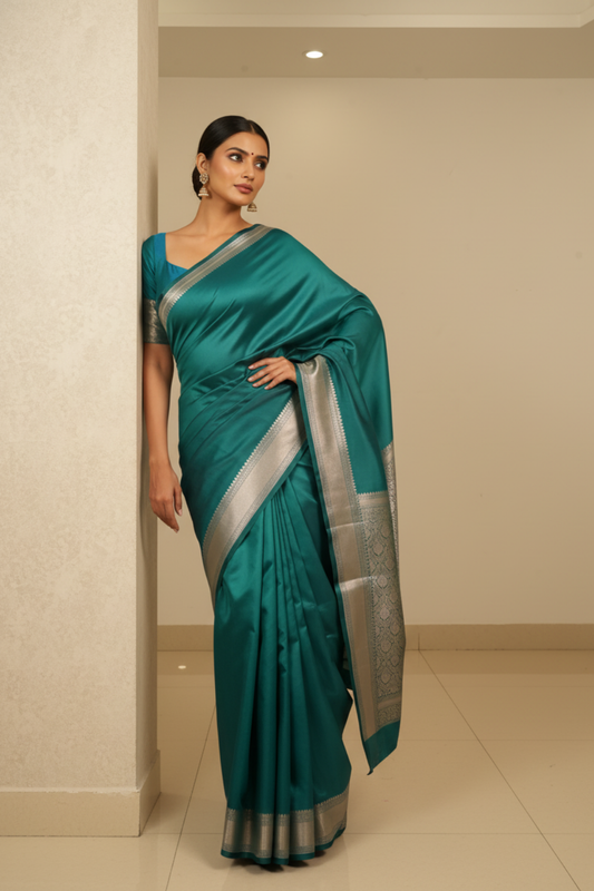 Soft Hues Rama Banarasi Silk Saree With Unstitched Blouse