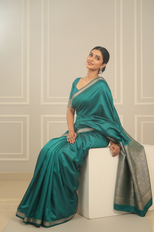 Soft Hues Rama Banarasi Silk Saree With Unstitched Blouse