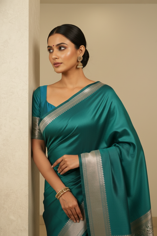 Soft Hues Rama Banarasi Silk Saree With Unstitched Blouse