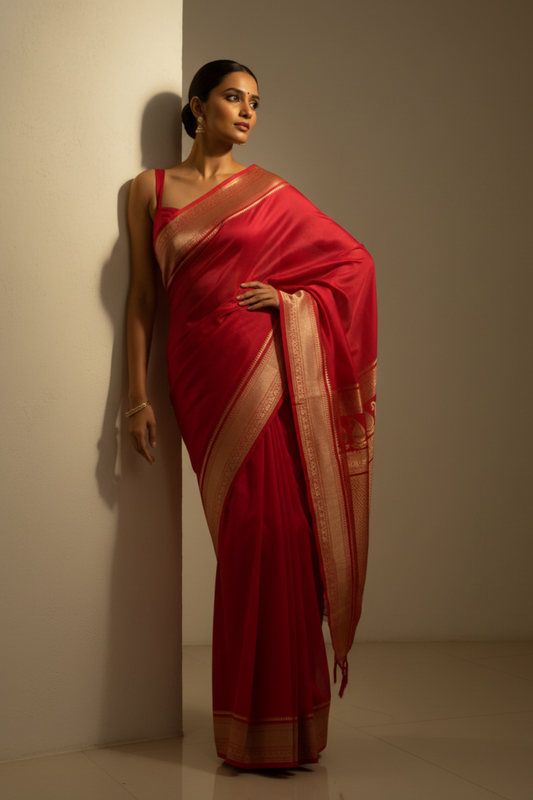 Grace Redefined Red Banarasi Silk Saree With Unstitched Blouse