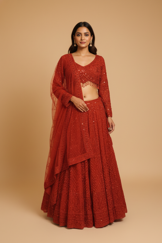 Red Net Lehenga Set And Net Dupatta With Readymade Blouse