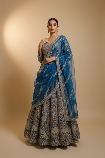 Peacock Net Lehenga Set And Net Dupatta With Readymade Blouse