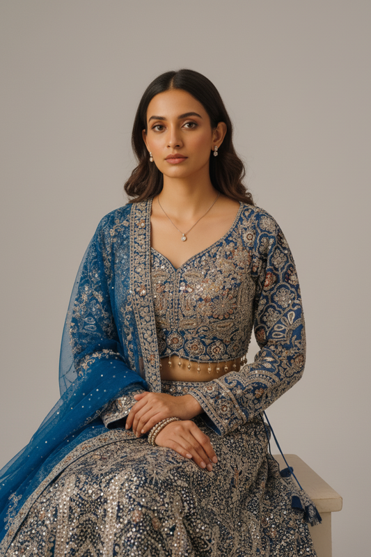 Peacock Net Lehenga Set And Net Dupatta With Readymade Blouse