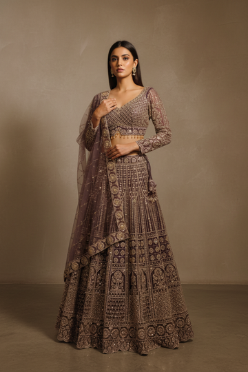 Dark Gajari Net Lehenga Set And Net Dupatta With Readymade Blouse