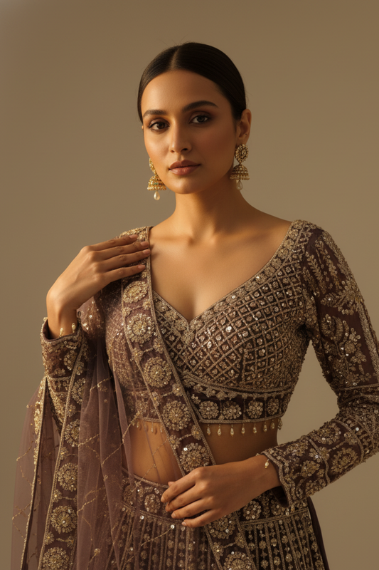 Dark Gajari Net Lehenga Set And Net Dupatta With Readymade Blouse