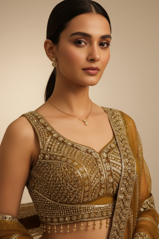 Mustard Net Lehenga Set And Net Dupatta With Readymade Blouse