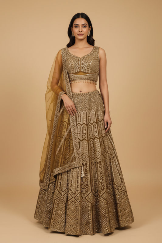 Mustard Net Lehenga Set And Net Dupatta With Readymade Blouse