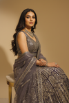 Matelic Grey Net Lehenga Set And Net Dupatta With Readymade Blouse