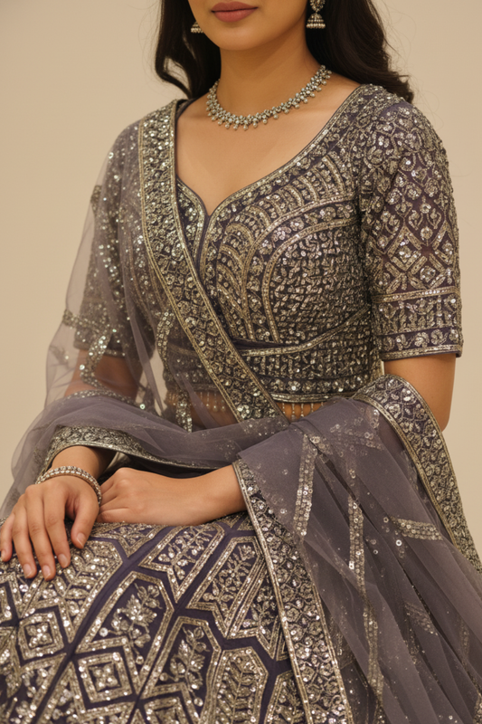 Matelic Grey Net Lehenga Set And Net Dupatta With Readymade Blouse