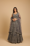 Matelic Grey Net Lehenga Set And Net Dupatta With Readymade Blouse