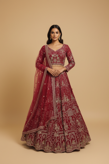Rani Net Lehenga Set And Net Dupatta With Readymade Blouse