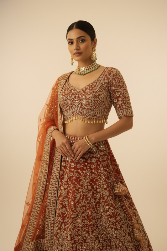Rust Net Lehenga Set And Net Dupatta With Readymade Blouse