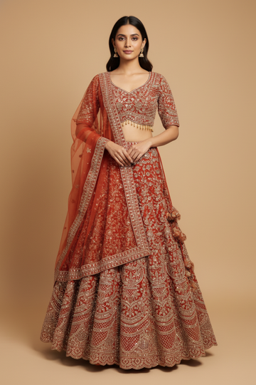 Rust Net Lehenga Set And Net Dupatta With Readymade Blouse