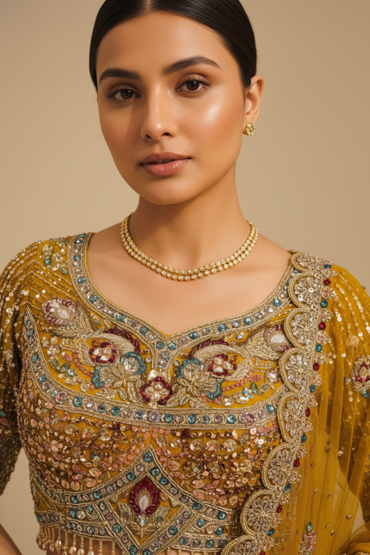 Mustard Net Lehenga Set And Net Dupatta With Readymade Blouse