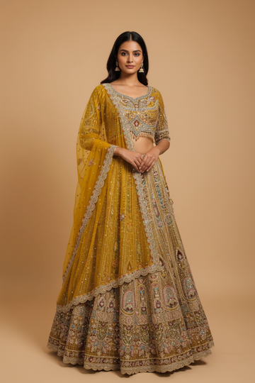 Mustard Net Lehenga Set And Net Dupatta With Readymade Blouse