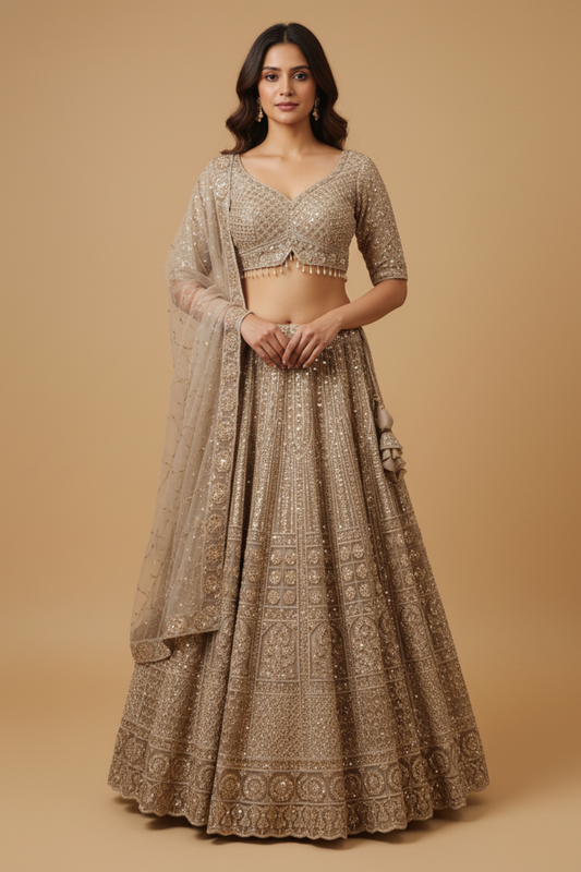 Tussar Net Lehenga Set And Net Dupatta With Readymade Blouse