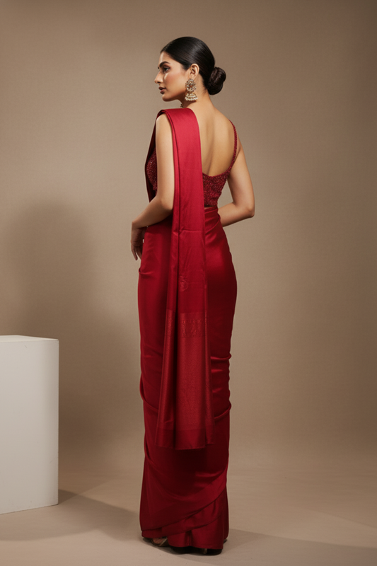 Maroon Satin Pre-Draped Designer Saree With Readymade Blouse