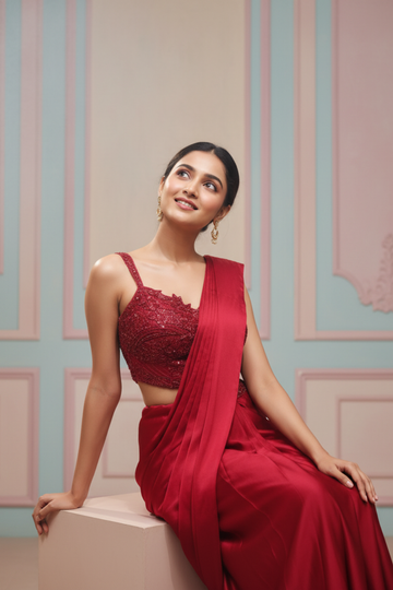 Maroon Satin Pre-Draped Designer Saree With Readymade Blouse