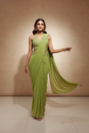 Pista Pre-Draped Designer Saree With Readymade Blouse