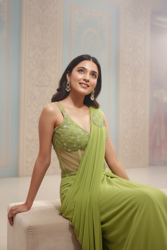 Pista Lycra Pre-Draped Designer Saree With Readymade Blouse