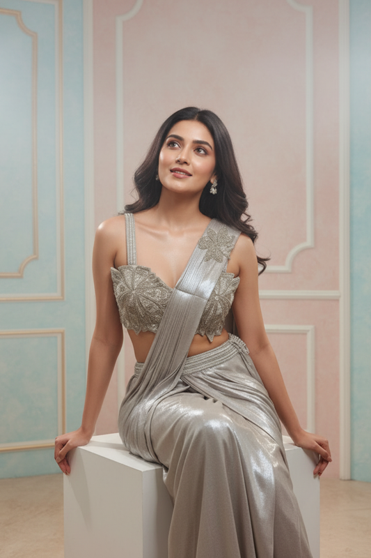 Tussar Lycra Pre-Draped Designer Saree With Readymade Blouse