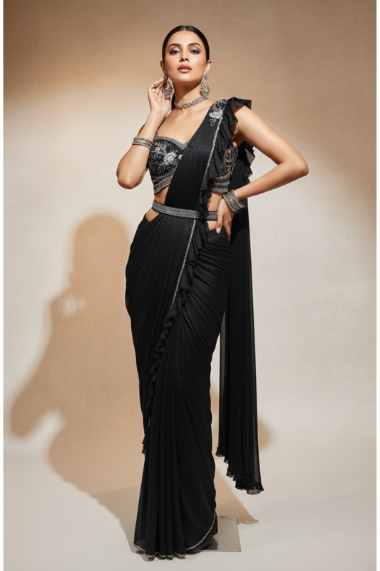 Black Lycra Pre-Draped Designer Saree With Readymade Blouse