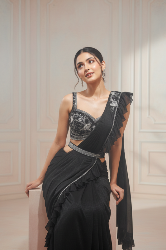 Black Lycra Pre-Draped Designer Saree With Readymade Blouse
