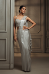 White Lycra Pre-Draped Designer Saree With Readymade Blouse