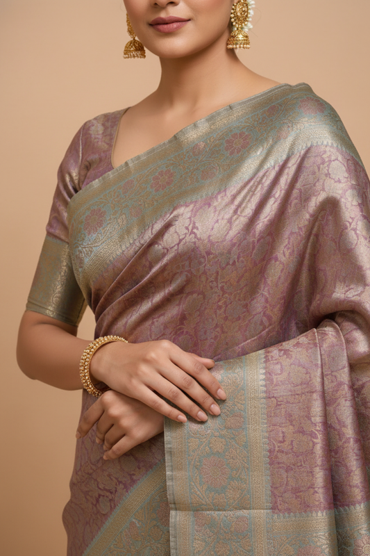 Onion South Indian Silk Saree With Unstitched Blouse